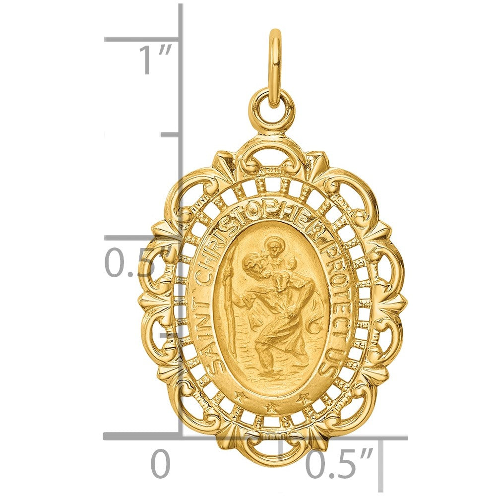 14k Polished and Satin Solid Medium Fancy Pierced Oval St. Christopher Medal Pendant
