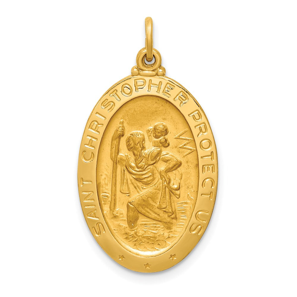 14k Polished and Satin Solid Medium St. Christopher Medal Oval Pendant