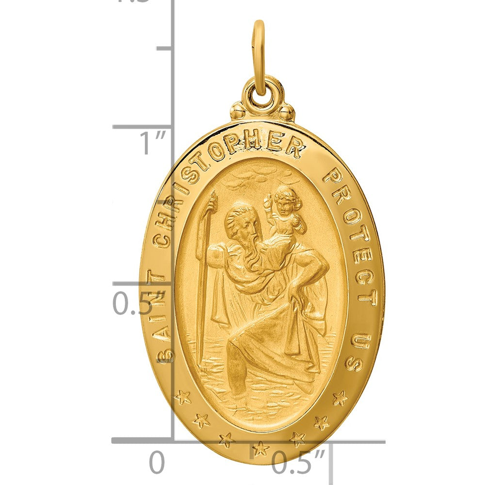 14k Polished and Satin Large Solid St. Christopher Medal Oval Pendant