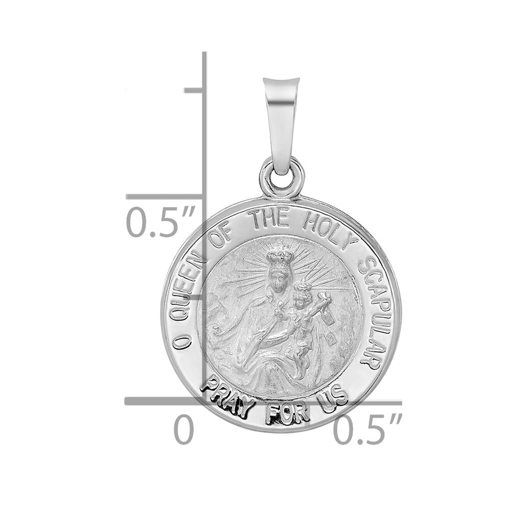 14k White Gold Polished and Satin Hollow Queen Of The Holy Scapular Medal Reversible Round Pendant