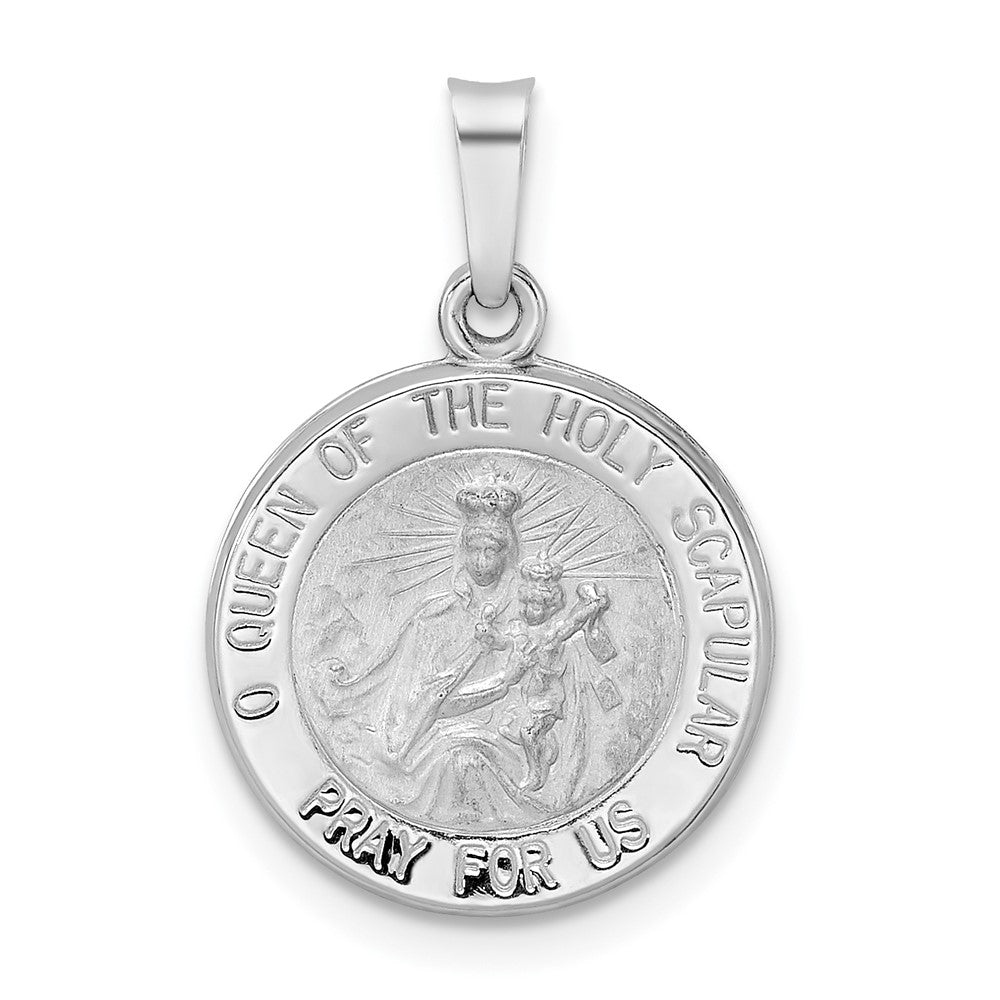 14k White Gold Polished and Satin Hollow Queen Of The Holy Scapular Medal Reversible Round Pendant
