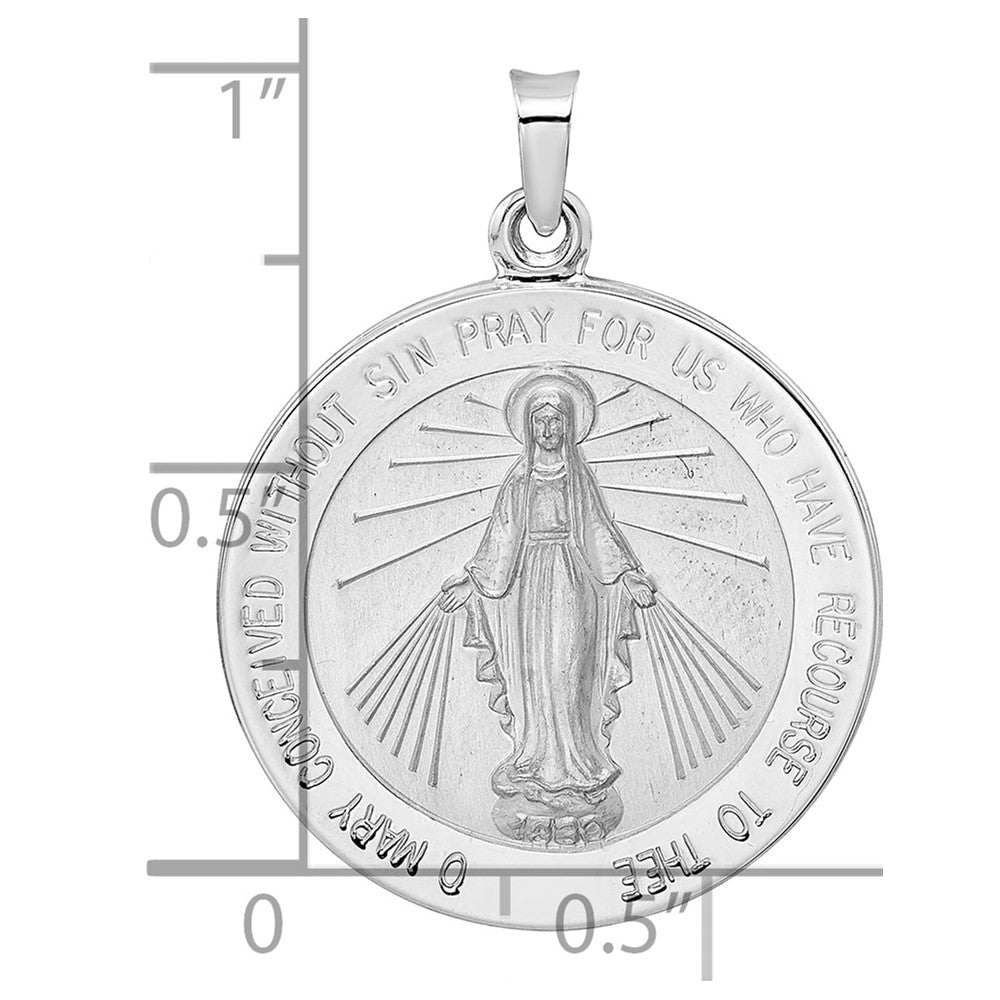 14k White Gold Polished and Satin Solid Miraculous Medal Round Pendant