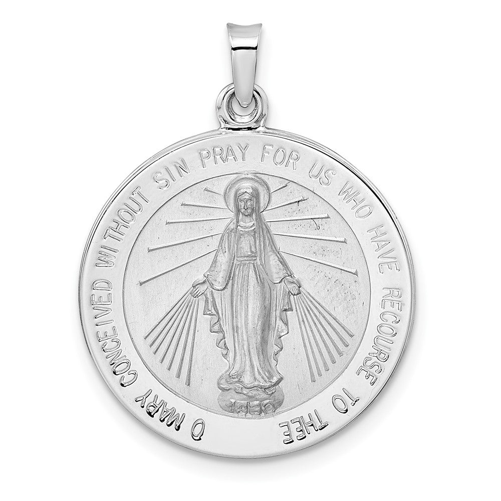 14k White Gold Polished and Satin Solid Miraculous Medal Round Pendant