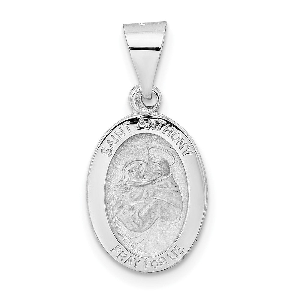 14k White Gold Polished and Satin Hollow St Anthony Medal Small Oval Pendant