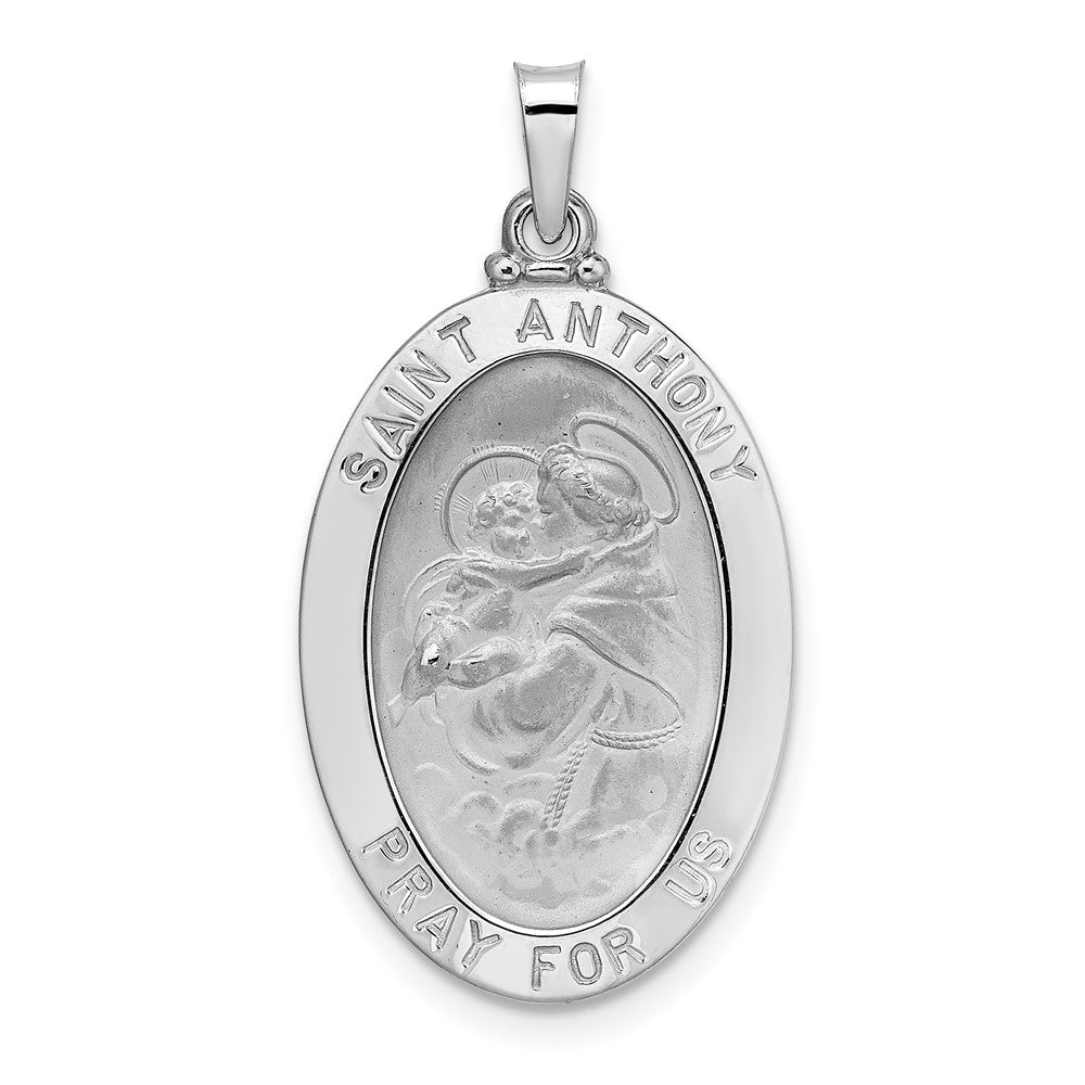14k White Gold Polished and Satin Solid St Anthony Medal Oval Pendant