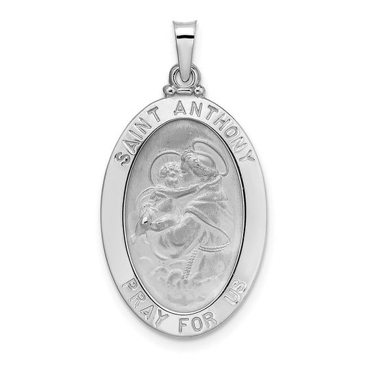 14k White Gold Polished and Satin Solid St Anthony Medal Oval Pendant