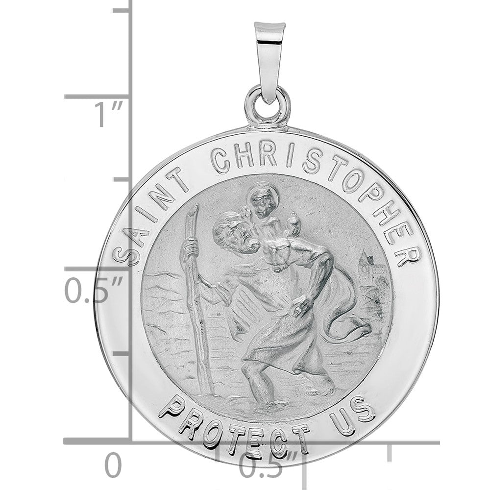 14k White Gold Polished and Satin Solid Saint Christopher Medal Round Pendant
