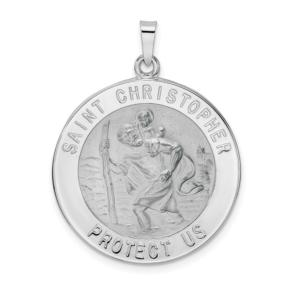 14k White Gold Polished and Satin Solid Saint Christopher Medal Round Pendant