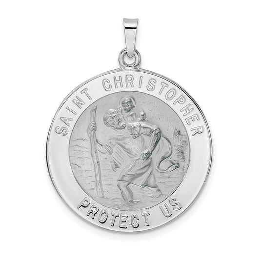 14k White Gold Polished and Satin Solid Saint Christopher Medal Round Pendant