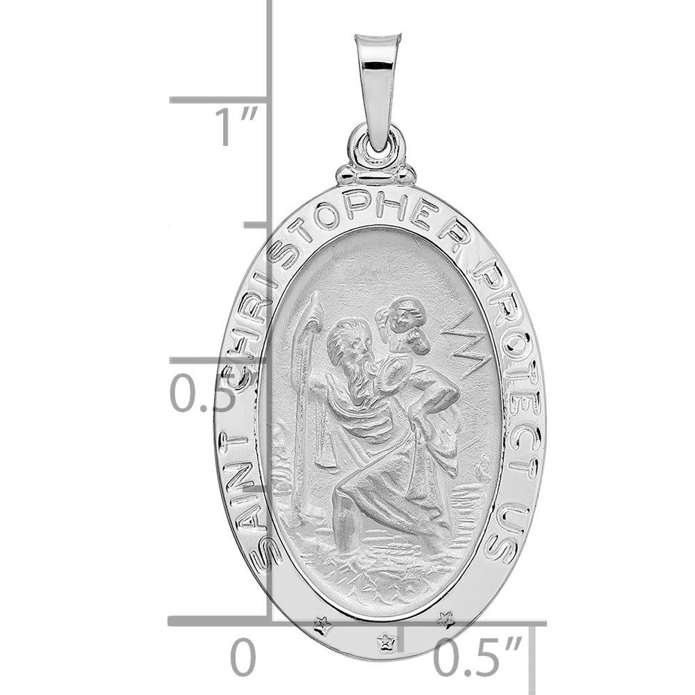 14k White Gold Polished and Satin Solid Saint Christopher Medal Oval Pendant