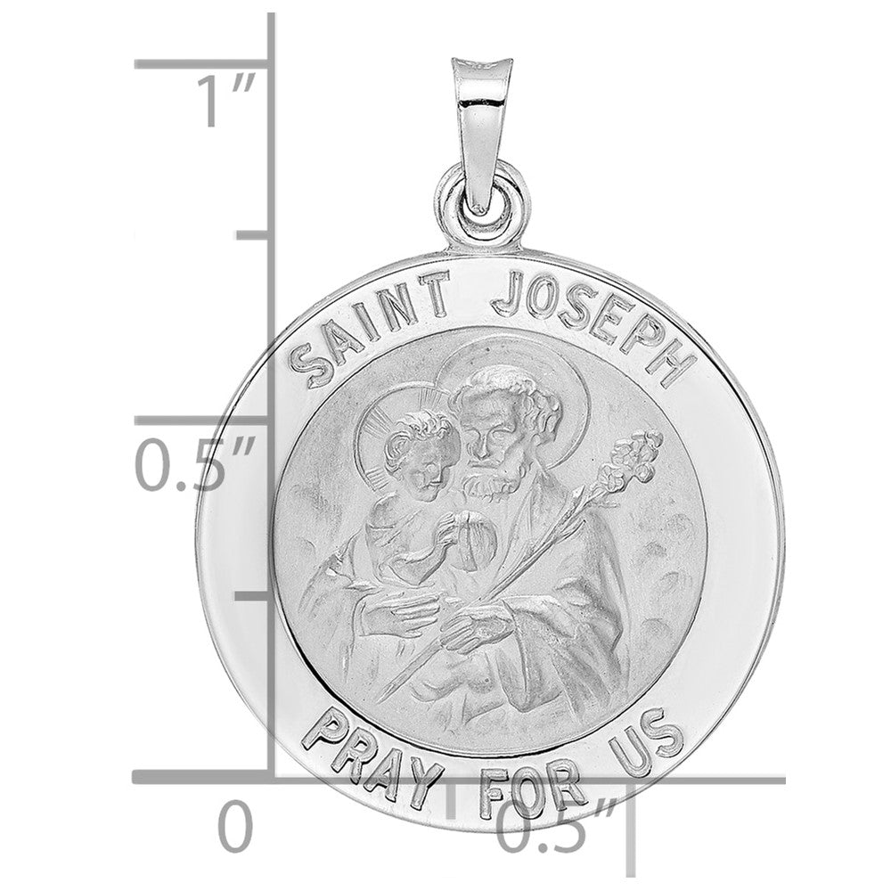14k White Gold Polished and Satin Solid Saint Joseph Medal Round Pendant