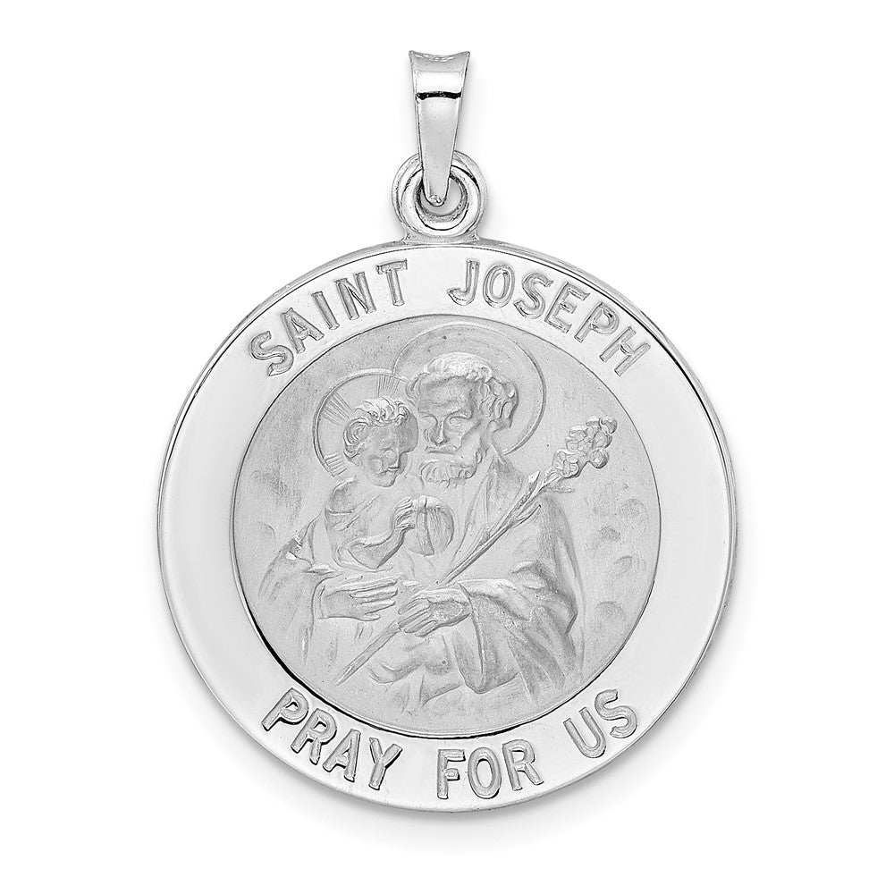 14k White Gold Polished and Satin Solid Saint Joseph Medal Round Pendant