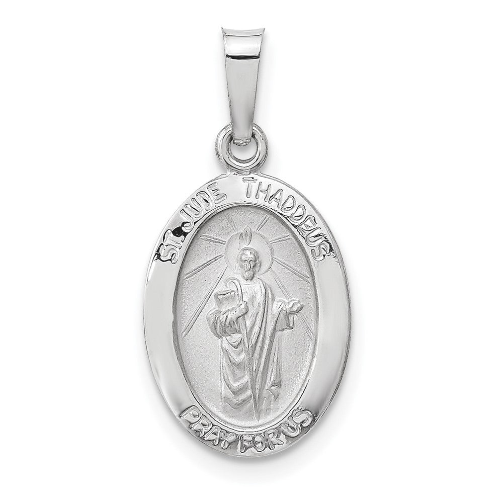 14K White Gold Polished and Satin Hollow St Jude Thaddeus Medal Oval Pendant