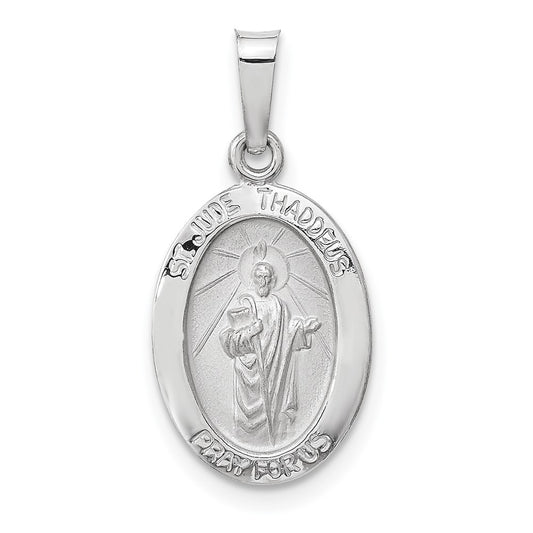 14K White Gold Polished and Satin Hollow St Jude Thaddeus Medal Oval Pendant