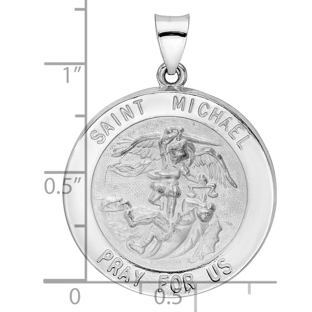 14k White Gold Polished and Satin Hollow Large St. Michael Medal Round Pendant