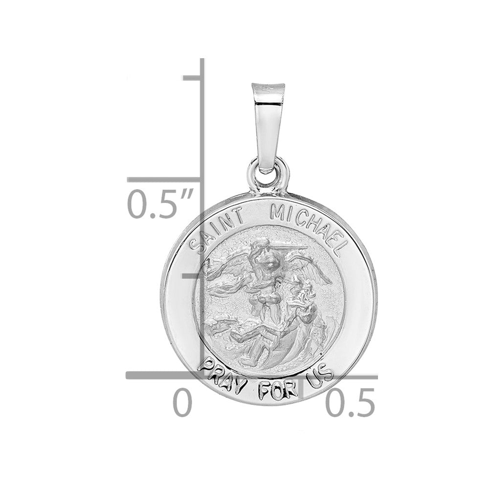14k White Gold Polished and Satin Hollow St Michael Medal Round Pendant