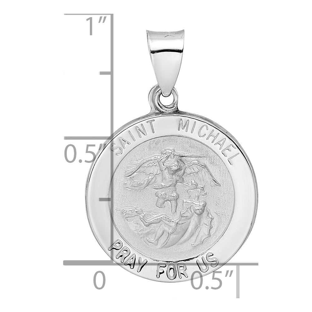 14k White Gold Polished and Satin Hollow St. Michael Medal Round Pendant