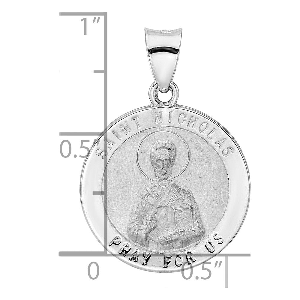 14k White Gold Polished and Satin Hollow St Nicholas Medal Round Pendant