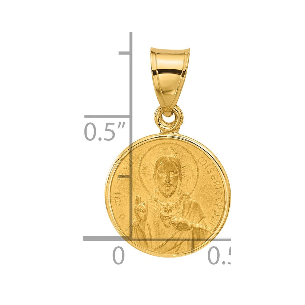 14k Polished and Satin Solid Sacred Heart of Jesus Round Medal Pendant