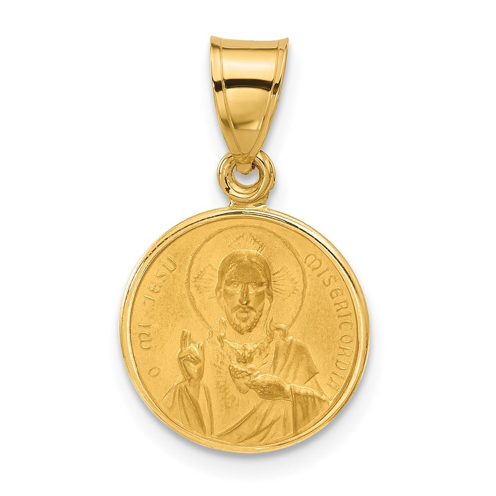 14k Polished and Satin Solid Sacred Heart of Jesus Round Medal Pendant