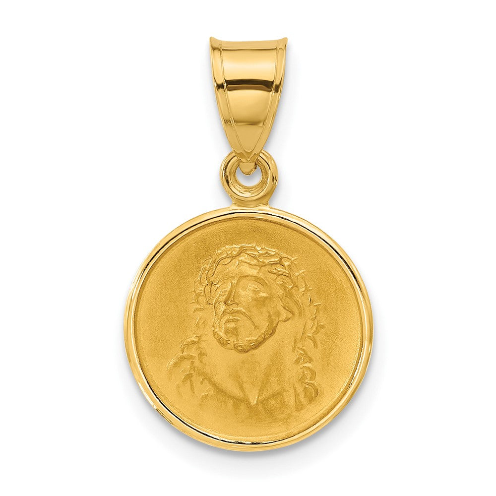 14k Polished and Satin Solid Face of Jesus Medal Round Pendant