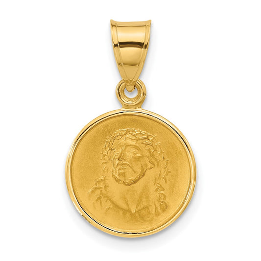 14k Polished and Satin Solid Face of Jesus Medal Round Pendant