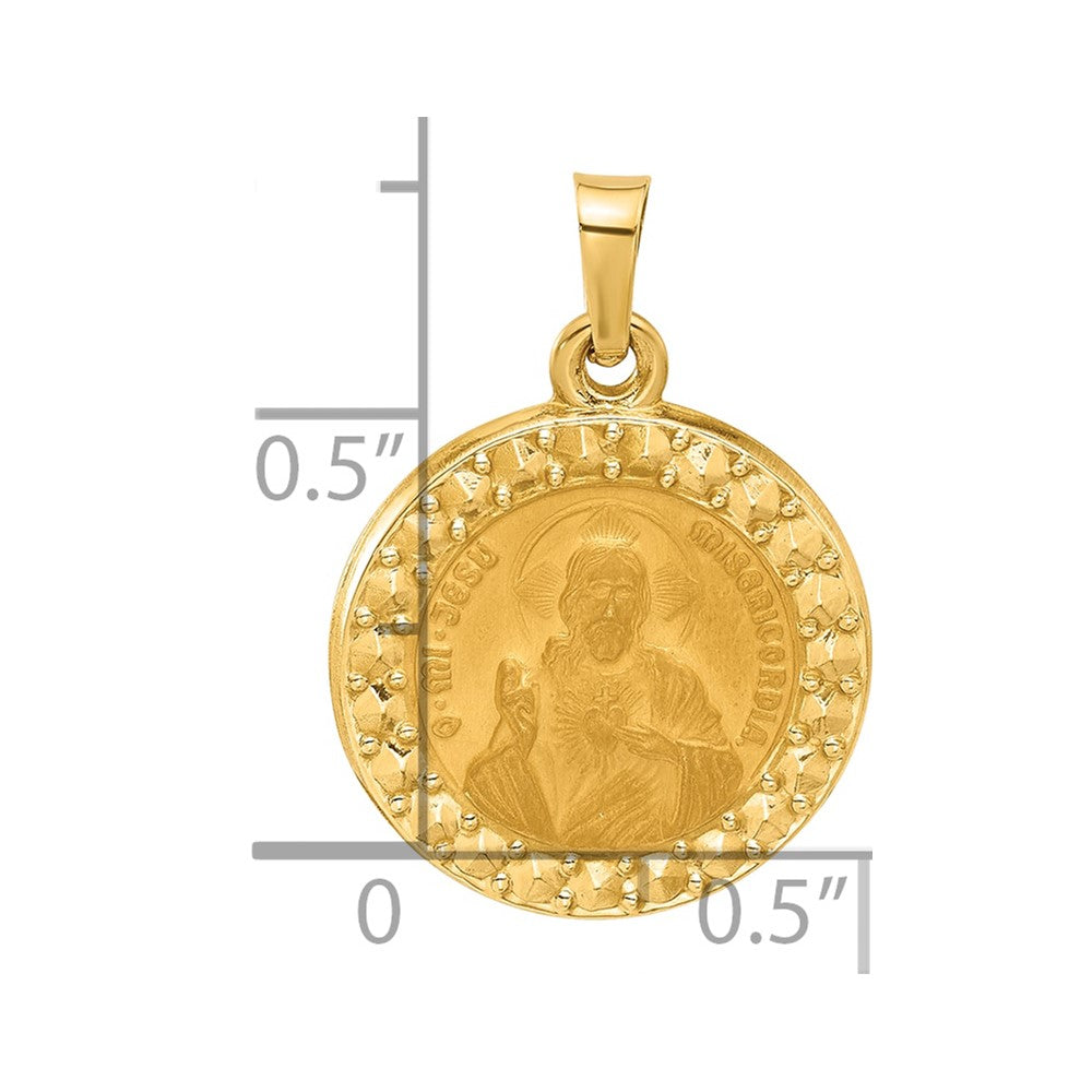 14K Polished and Satin Hollow Sacred Heart of Jesus Medal Round Pendant