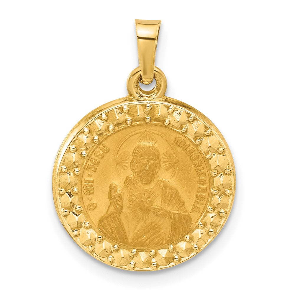 14K Polished and Satin Hollow Sacred Heart of Jesus Medal Round Pendant
