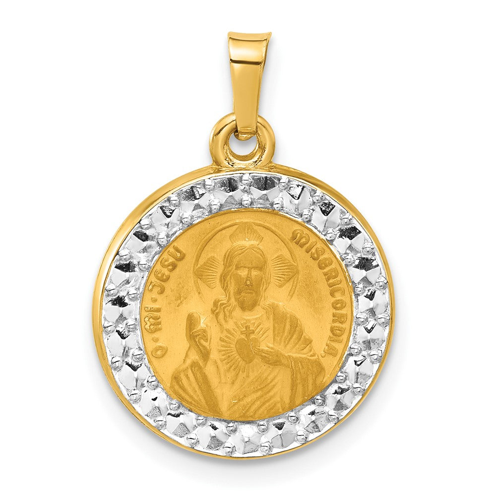 14K and White Rhodium Hollow Sacred Heart of Jesus Medal Round Pendant