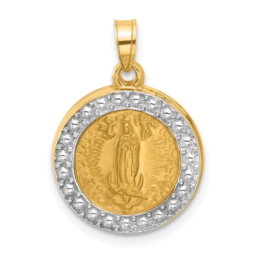 14k and White Rhodium Polished and Satin Hollow Our Lady of Guadalupe Medal Round Pendant