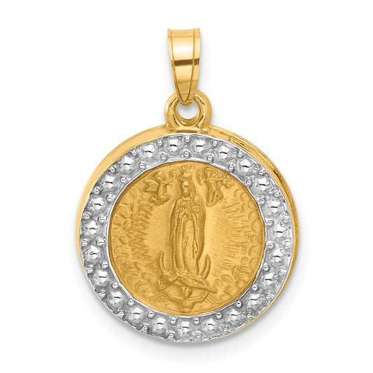 14k and White Rhodium Polished and Satin Hollow Our Lady of Guadalupe Medal Round Pendant