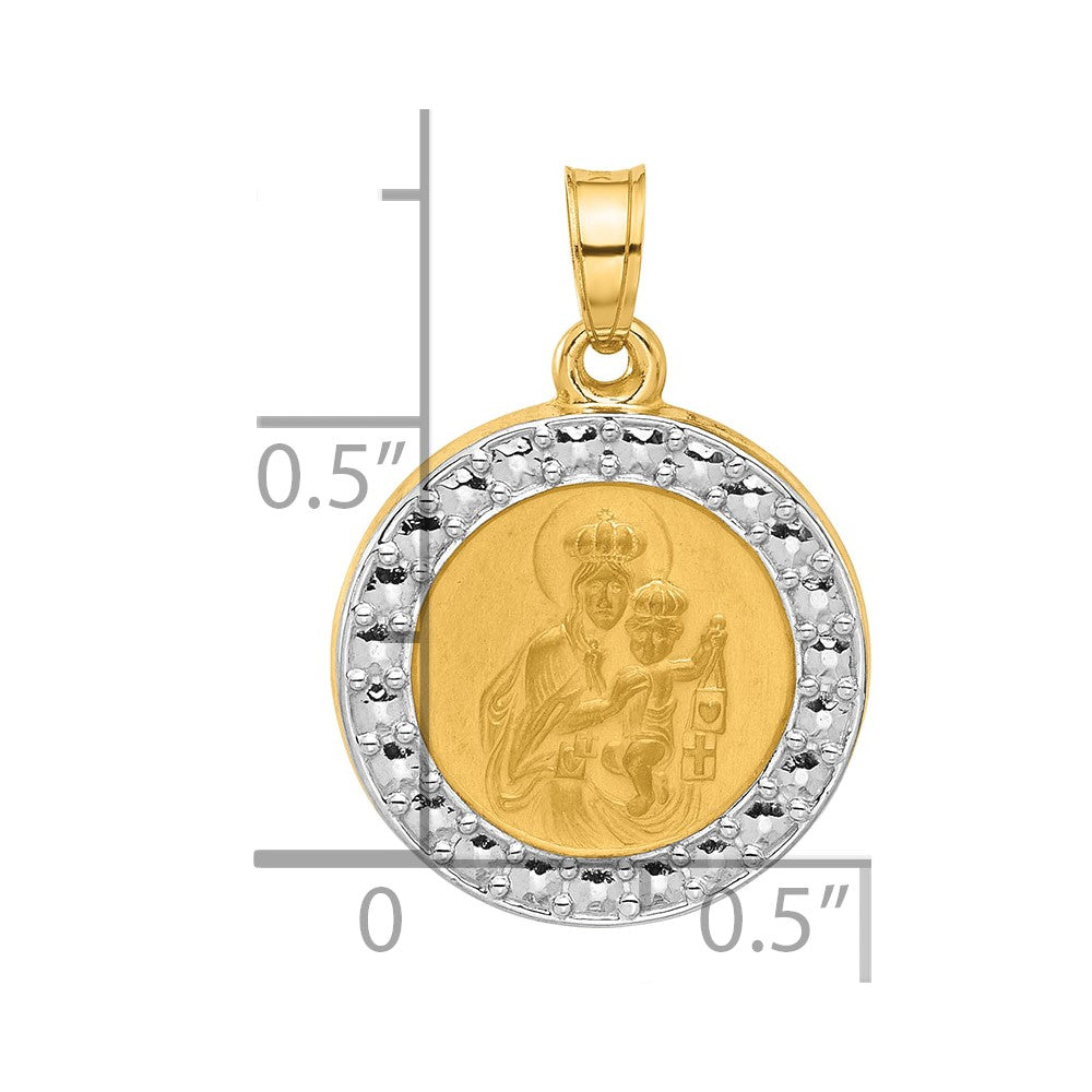 14K and White Rhodium Polished and Satin Hollow Our Lady of Mt. Carmel Medal Round Pendant
