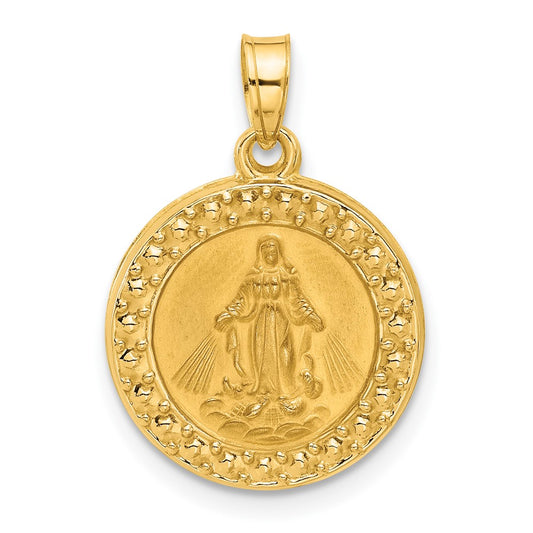 14K Polished and Satin Hollow Miraculous Medal Plain Back Pendant