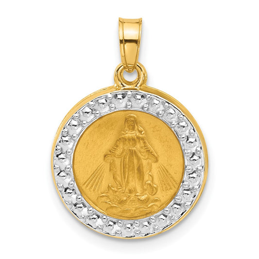 14K and White Rhodium Polished and Satin Hollow Miraculous Medal Plain Back Pendant