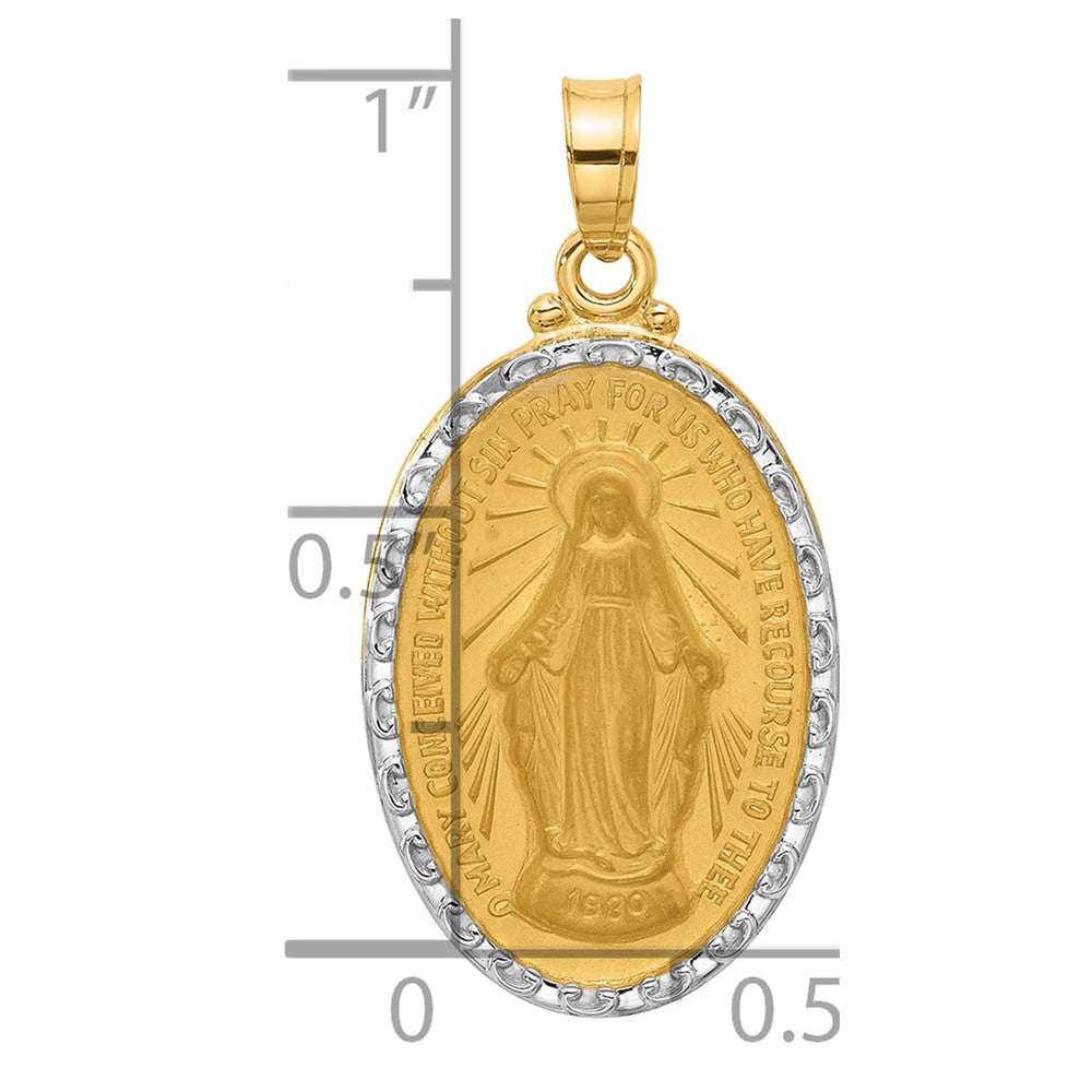 14K and White Rhodium Polished and Satin Solid Miraculous Medal Oval Pendant