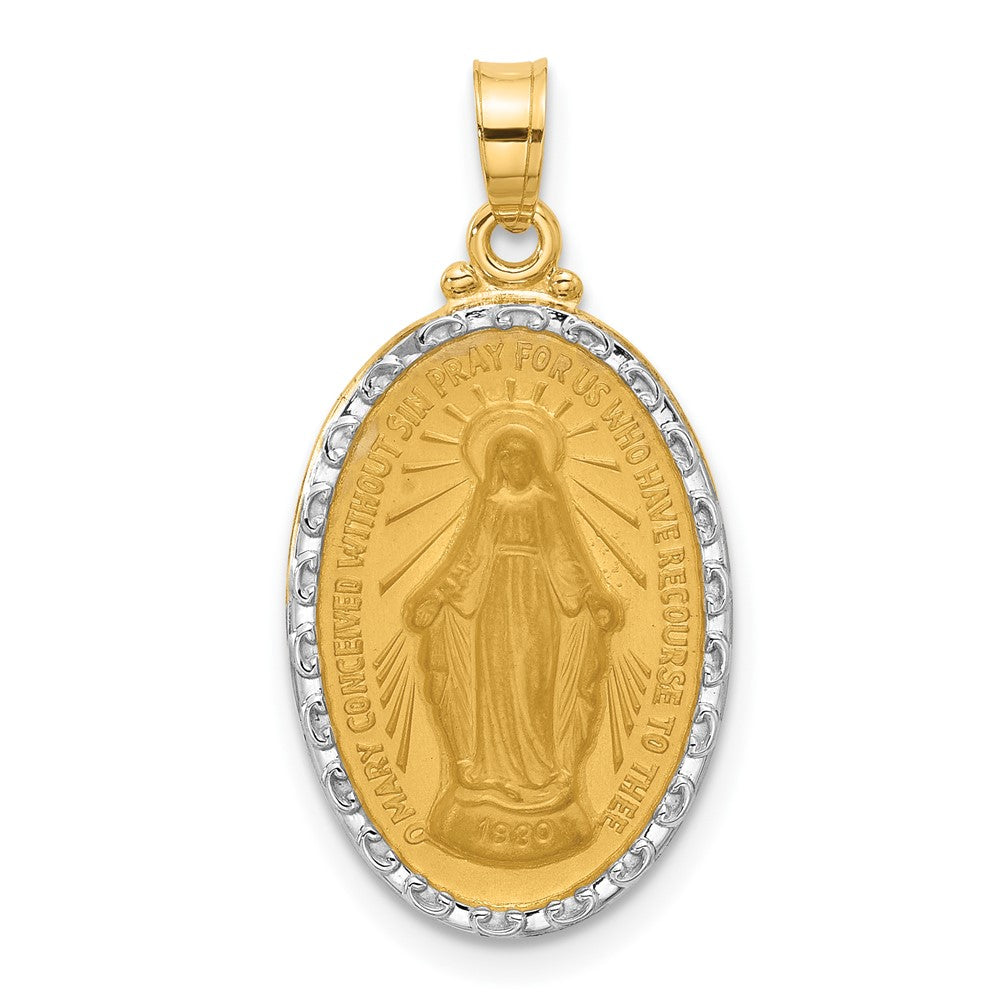 14K and White Rhodium Polished and Satin Solid Miraculous Medal Oval Pendant