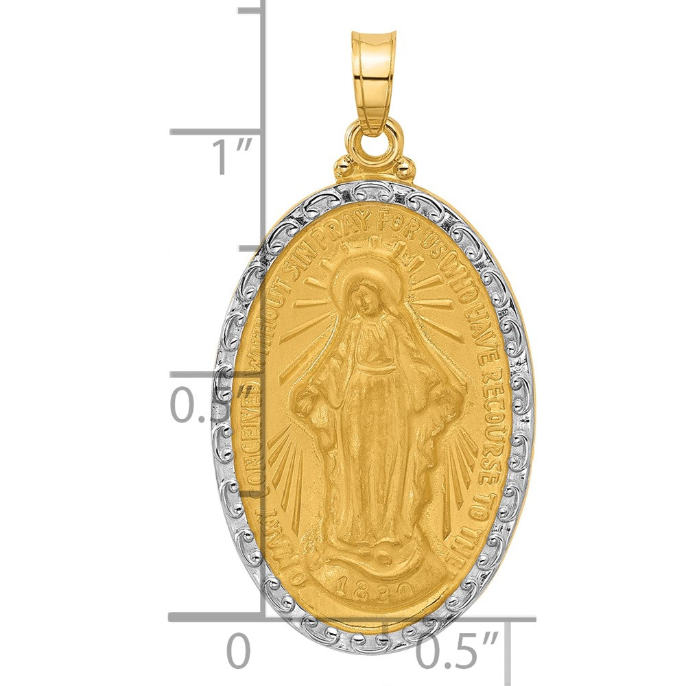 14K and White Rhodium Polished and Satin Solid Miraculous Medal Oval Pendant