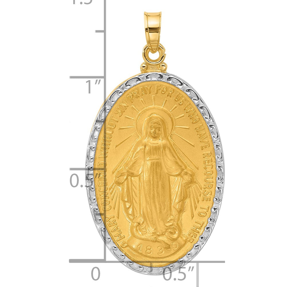 14K and White Rhodium Polished and Satin Solid Miraculous Medal Oval Pendant