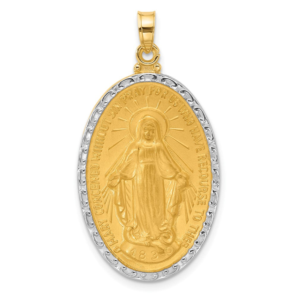 14K and White Rhodium Polished and Satin Solid Miraculous Medal Oval Pendant
