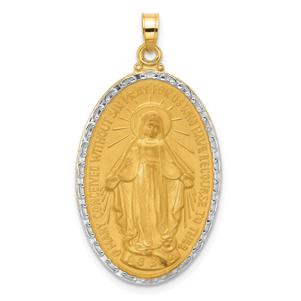 14K and White Rhodium Polished and Satin Solid Miraculous Medal Oval Pendant