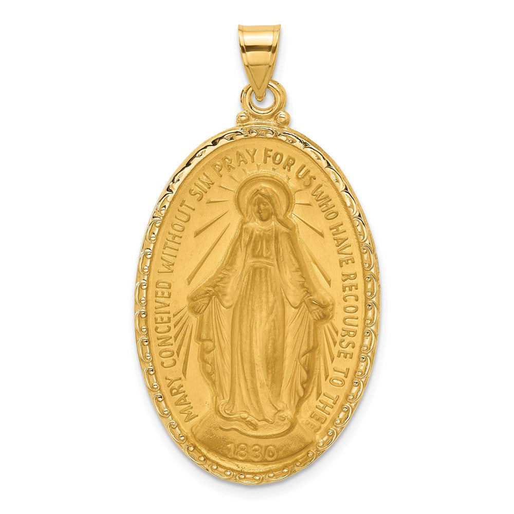 14k Polished and Satin Solid Large Miraculous Medal Oval Pendant