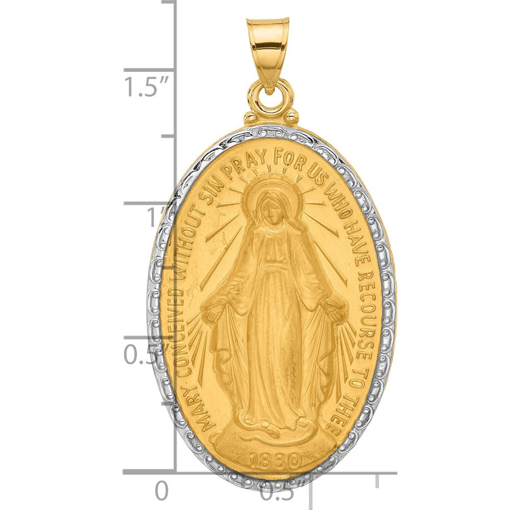 14K and White Rhodium Polished and Satin Solid Large Miraculous Medal Oval Pendant