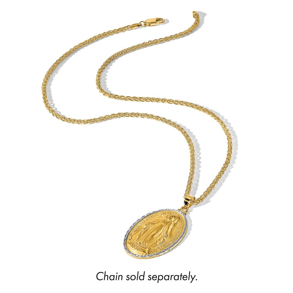 14K and White Rhodium Polished and Satin Solid Large Miraculous Medal Oval Pendant