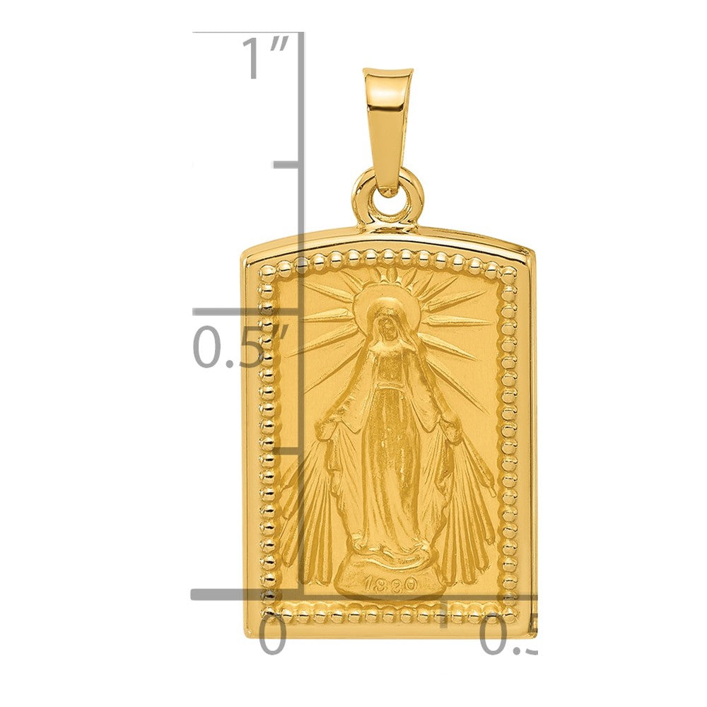 14k Polished and Satin Hollow Miraculous Medal Rectangular Pendant