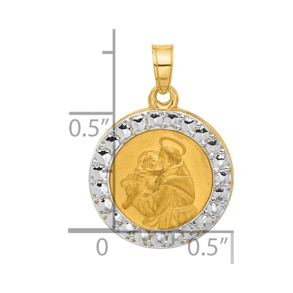 14K with White Rhodium Satin and Polished Hollow St. Anthony Medal Round Pendant