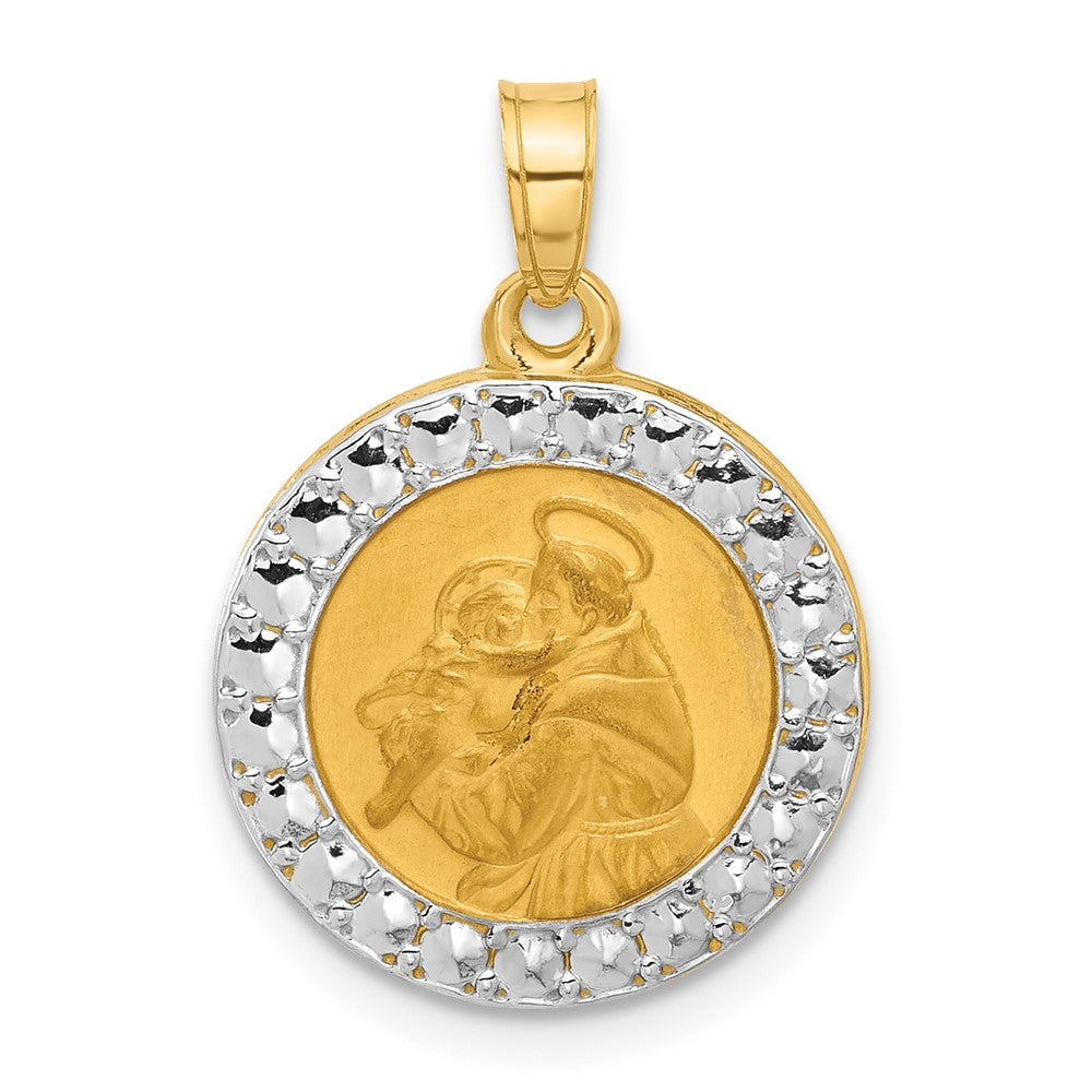 14K with White Rhodium Satin and Polished Hollow St. Anthony Medal Round Pendant