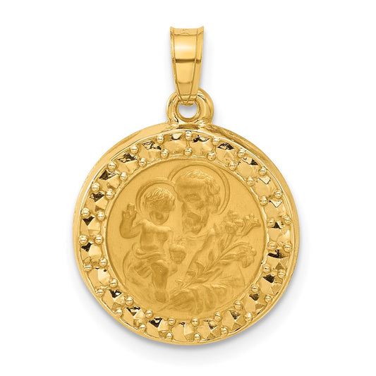 14K Polished and Satin Hollow St. Joseph Medal Round Pendant
