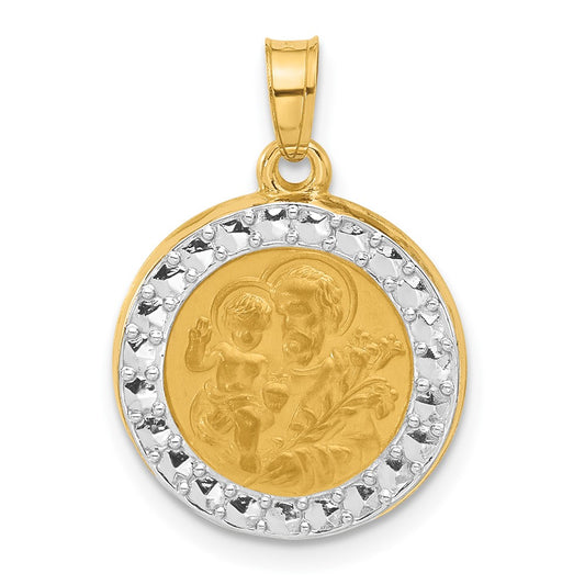 14K with White Rhodium Polished and Satin Hollow St. Joseph Medal Round Pendant