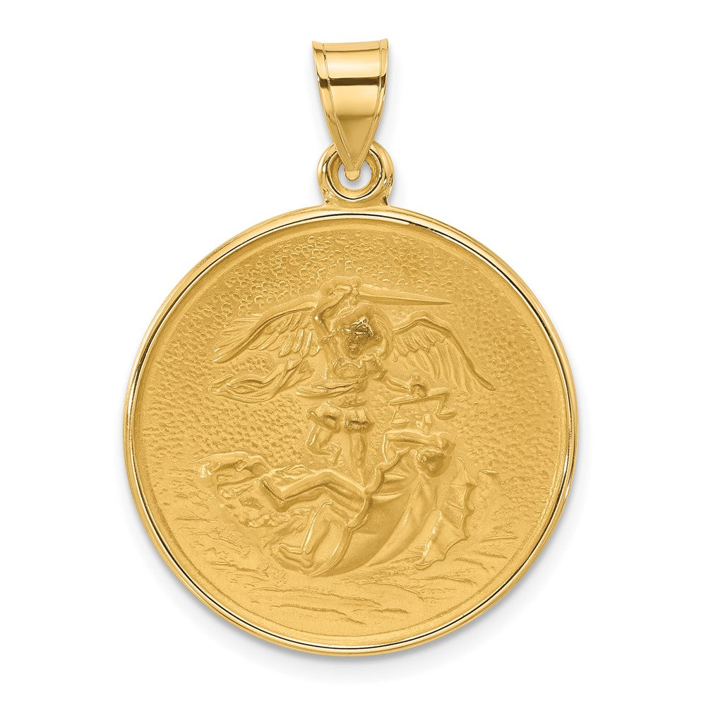 14k Polished and Satin Solid Large St. Michael Medal Round Pendant
