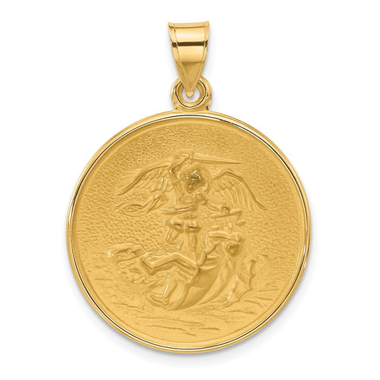 14k Polished and Satin Solid Large St. Michael Medal Round Pendant